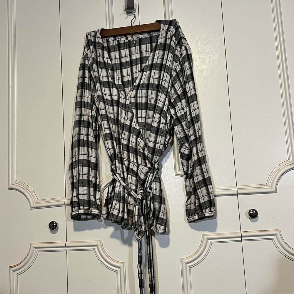 Loft Black & White Plaid Wrap Blouse